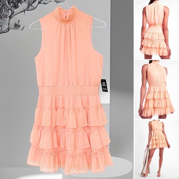 Express Chiffon Mini Dress Women M Mock Neck Tiered Sleeveless Smoke Ne… - Picture 9 of 12